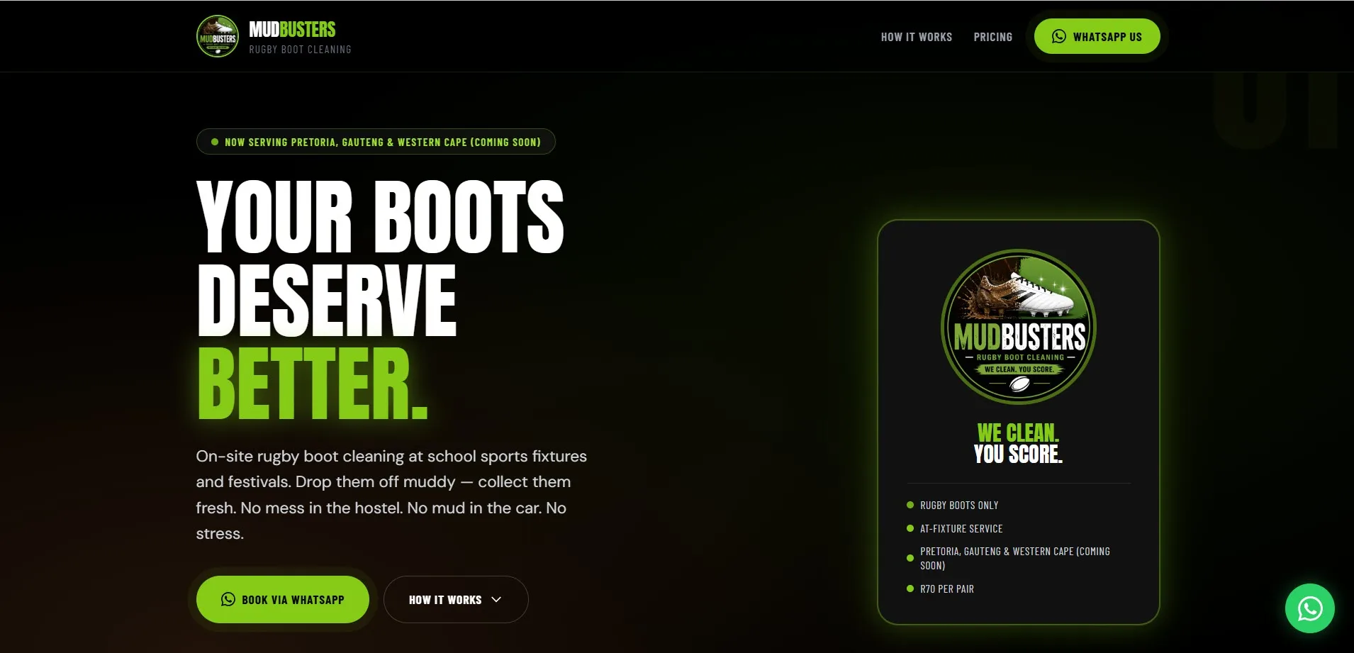 Mud Busters sports equipment cleaning website
